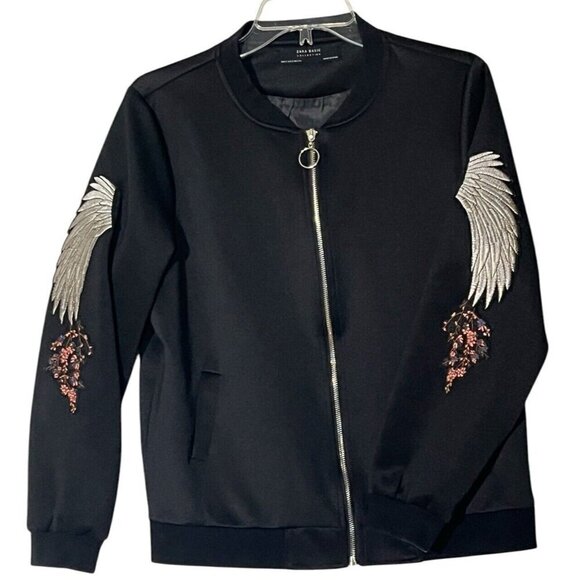 ZARA Black Floral Crane Embroidered Appliques Zip Jersey Jacket Bomber - Picture 6 of 8
